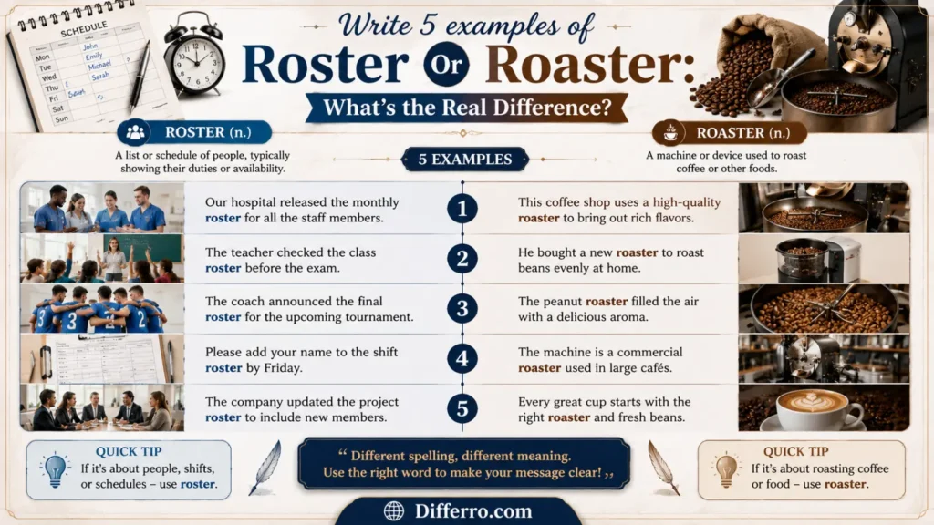 write 5 examples of Roster or Roaster