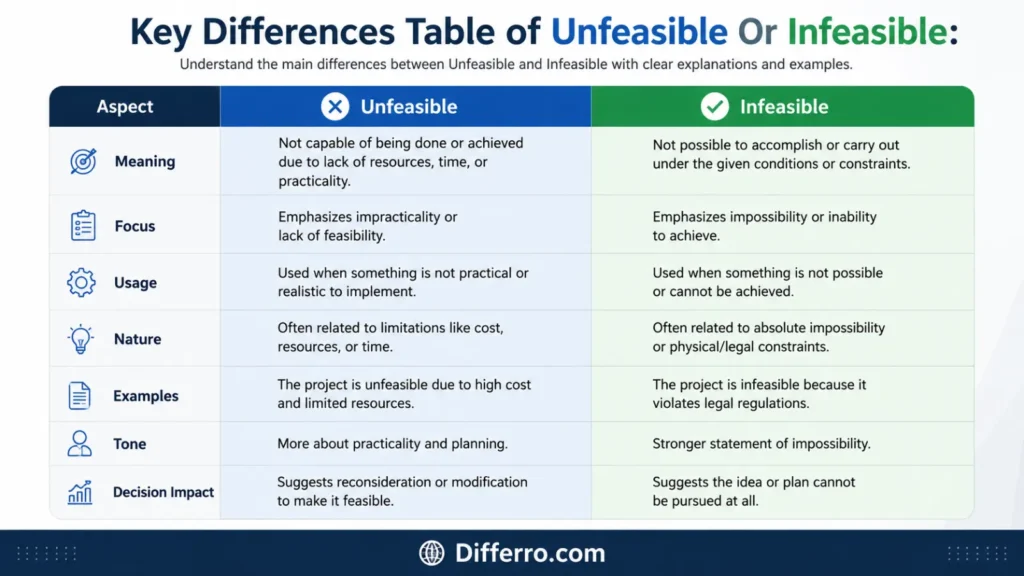 Key Differences Table of Unfeasible Or Infeasible