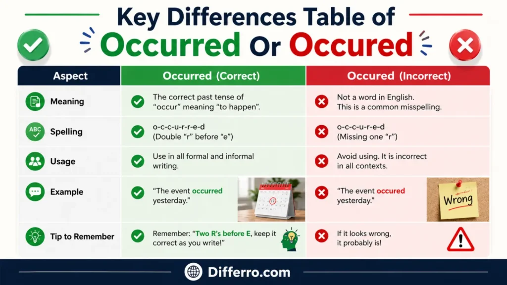 Key Differences Table of Occurred Or Occured