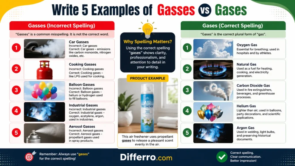 Write 5 Examples of Gasses vs Gases