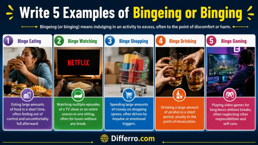 Write 5 Examples of Bingeing or Binging